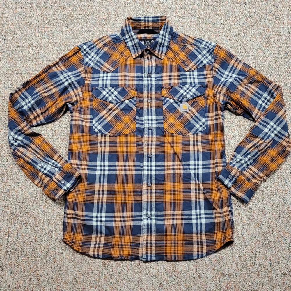 Carhartt Shirt Mens Small Orange Blue Plaid Western Relaxed Fit Snap Button